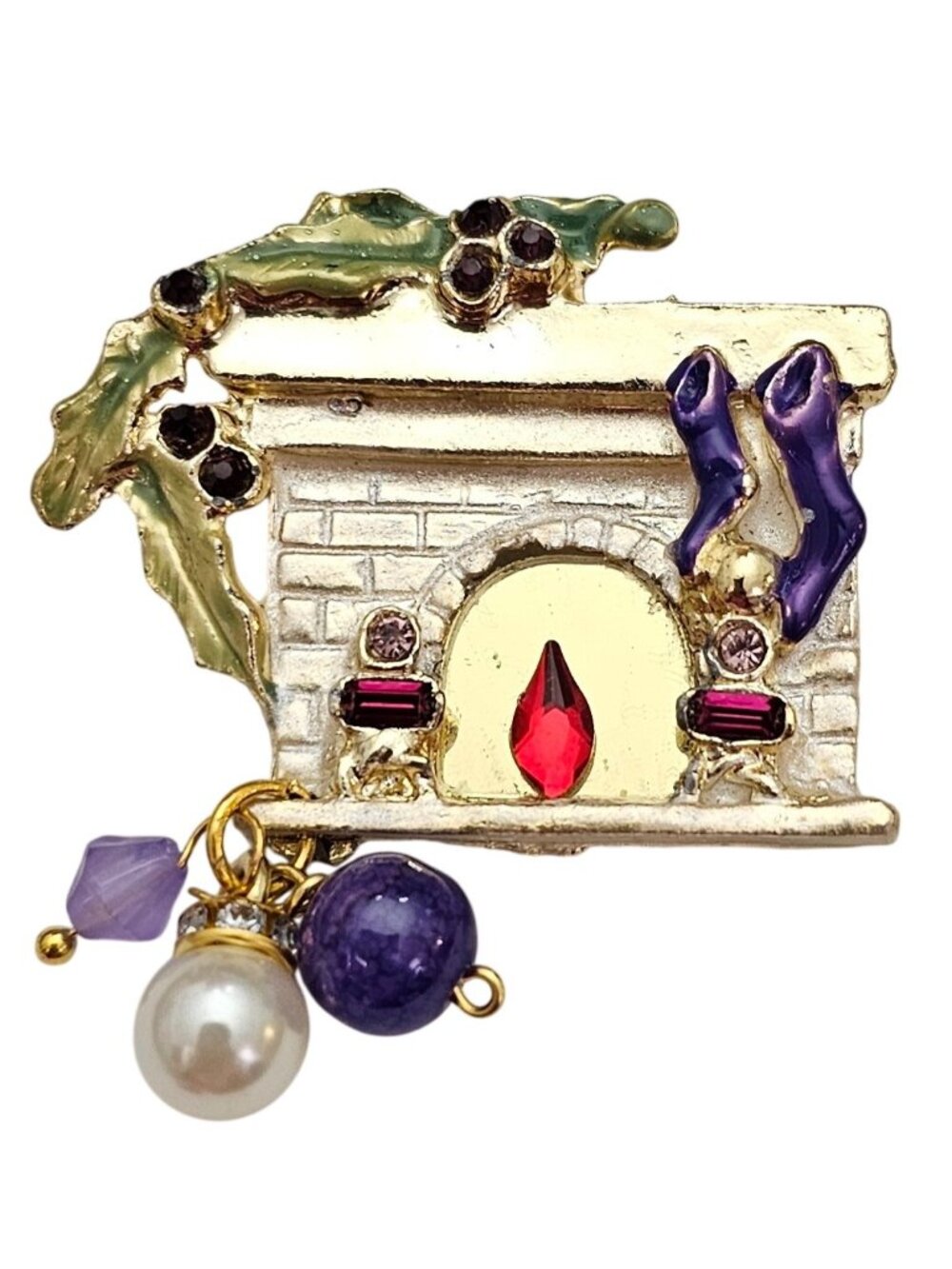 Fireplace Christmas Brooch, Purple Bead Dangles Charms, Rhinestone Pin J956